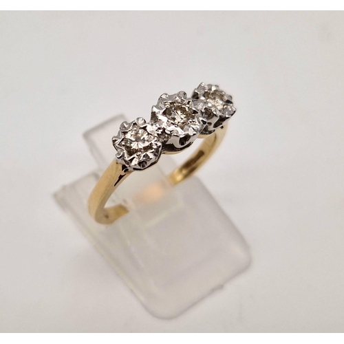 738 - 9k yellow gold diamond trilogy ring. Total Weight 2.9g, size L1/2 (dia:0.25ct)