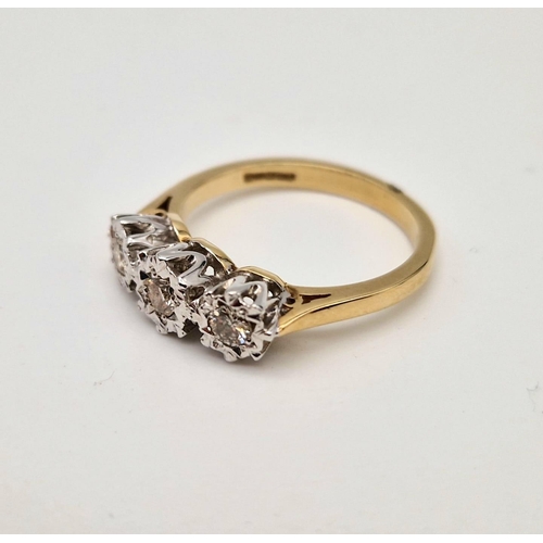 738 - 9k yellow gold diamond trilogy ring. Total Weight 2.9g, size L1/2 (dia:0.25ct)