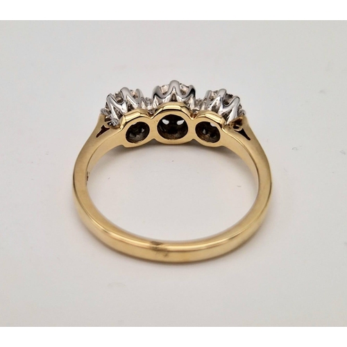 738 - 9k yellow gold diamond trilogy ring. Total Weight 2.9g, size L1/2 (dia:0.25ct)