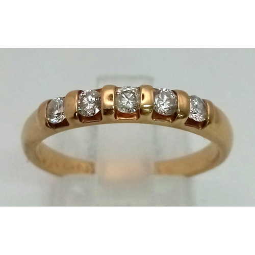 773 - 9k yellow gold 5 stone diamond ring. Total Weight 2.5g, size P1/2 (dia:0.35ct)