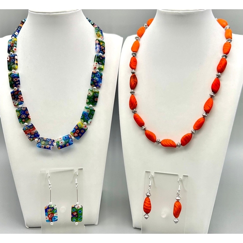 747 - Two vintage, collectable, necklace and earrings sets from Murano, Italy. One, very rare, matt orange... 