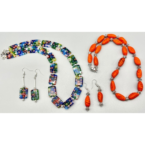 747 - Two vintage, collectable, necklace and earrings sets from Murano, Italy. One, very rare, matt orange... 