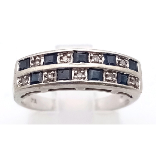 228 - 9K WHITE GOLD DIAMOND & SAPPHIRE 2 ROW RING 2.3G SIZE M