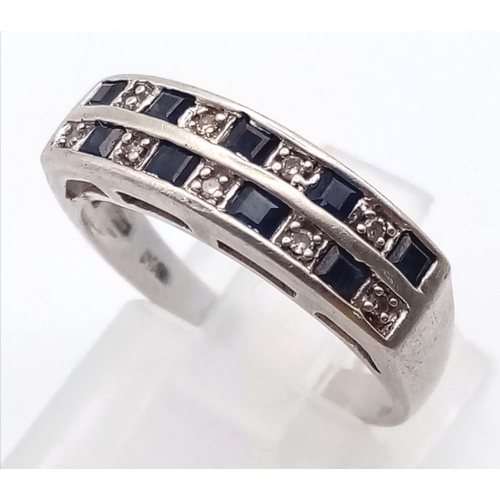 228 - 9K WHITE GOLD DIAMOND & SAPPHIRE 2 ROW RING 2.3G SIZE M