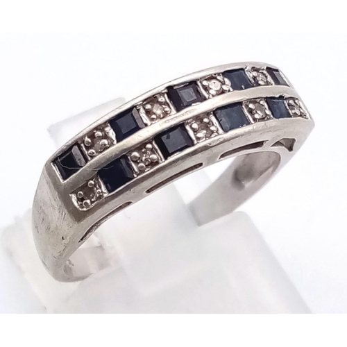 228 - 9K WHITE GOLD DIAMOND & SAPPHIRE 2 ROW RING 2.3G SIZE M