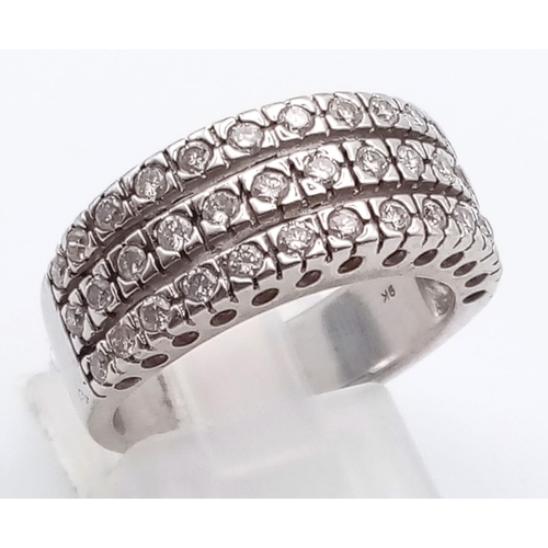 342 - 9K WHITE GOLD DIAMOND 3 ROW BAND RING 0.60CT 6.6G SIZE N