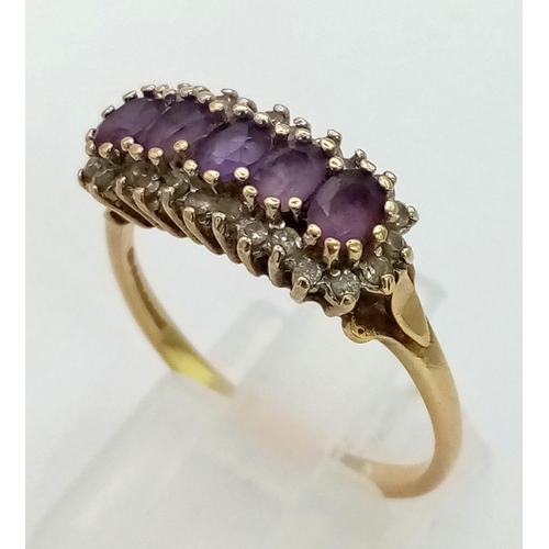 344 - 9K YELLOW GOLD DIAMOND & AMETHYST CLUSTER RING 2.6G SIZE S