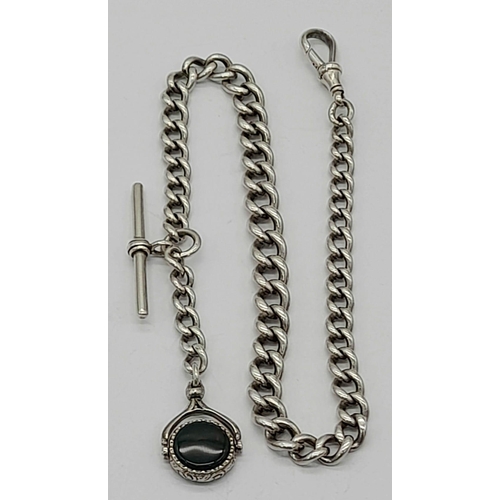 379 - SILVER ALBERT CHAIN WITH T BAR AND SPINNING FOB SET WITH BLOODSTONE & CORNELIAN 45.8G