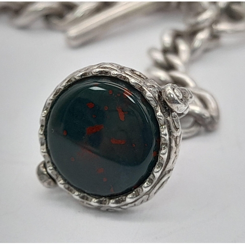 379 - SILVER ALBERT CHAIN WITH T BAR AND SPINNING FOB SET WITH BLOODSTONE & CORNELIAN 45.8G