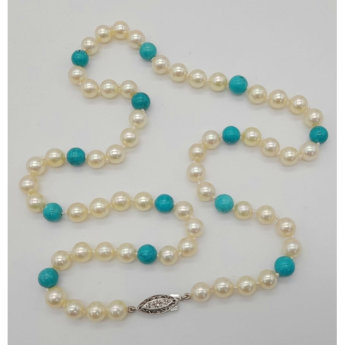 703 - A Cultured Pearl and Turquoise Bead Necklace with a 9K White Gold Clasp. 46cm