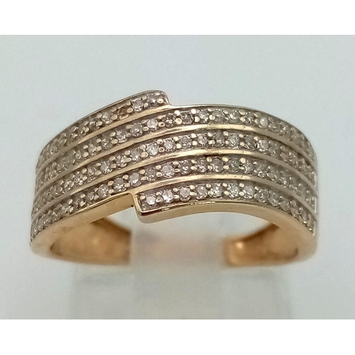 720 - 9K YELLOW GOLD DIMAOND 4 ROW DIAMOND RING 0.30CT 2.4G SIZE K