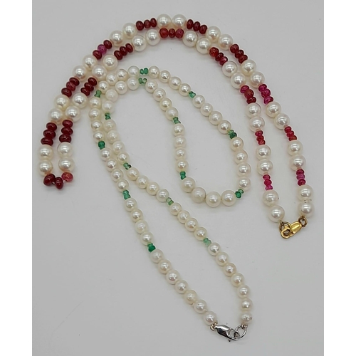 766 - Two Cultured Pearl Necklaces - One with Rubies, the Other Emeralds. Both have 9k gold clasps. Both a... 