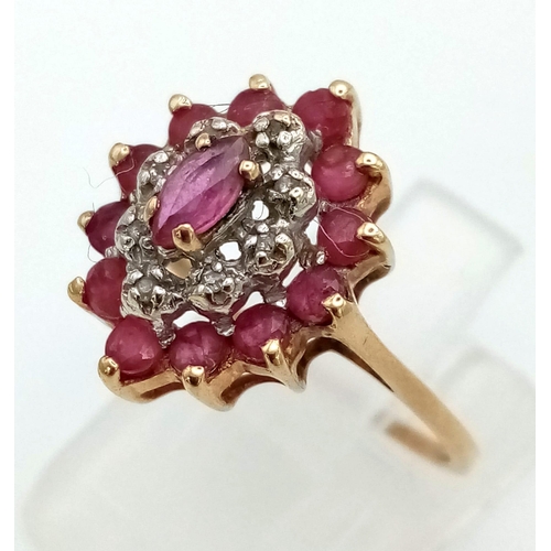 781 - 9K YELLOW GOLD DIAMOND & RUBY CLUSTER RING 2.2G SIZE M 1/2