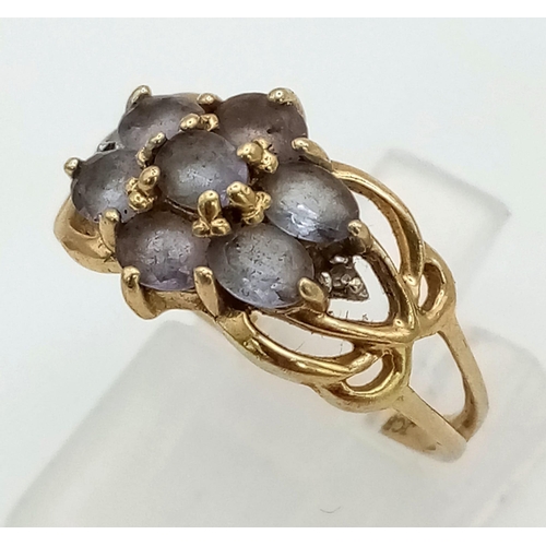 806 - 9K YELLOW GOLD FILIGREE IOLITE SET CLUSTER RING 2G SIZE K