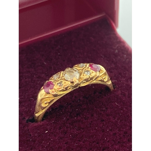 27 - Antique 18 carat GOLD, DIAMOND and RUBY RING. Shank slightly out of shape. 2.9 grams. Size N.