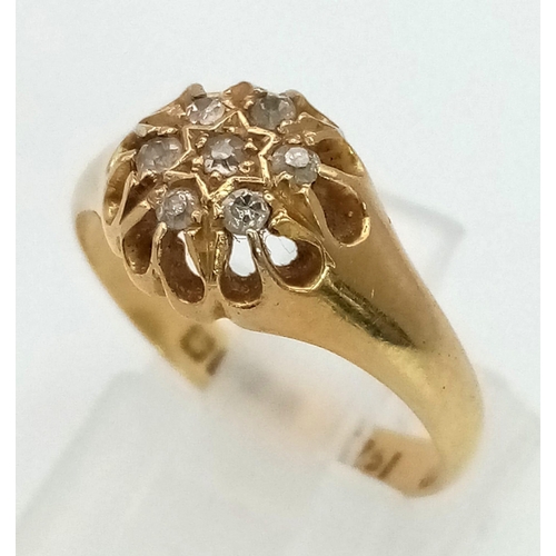 645 - 18K YELLOW GOLD ANTIQUE DIAMOND CLUSTER RING HALLMARKED BIRMINGHAM 1919 3.6G SIZE M