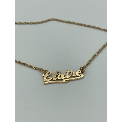 77 - 9 carat GOLD CHAIN NECKLACE having the name CLAIRE at centre. 4.2 grams. 40 cm.