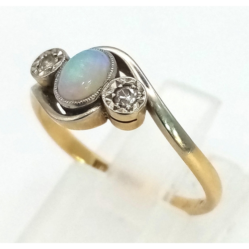 94 - 18K YELLOW GOLD & PLATINUM VINTAGE DIAMOND & OPAL 3 STONE RING 2.6G SIZE O