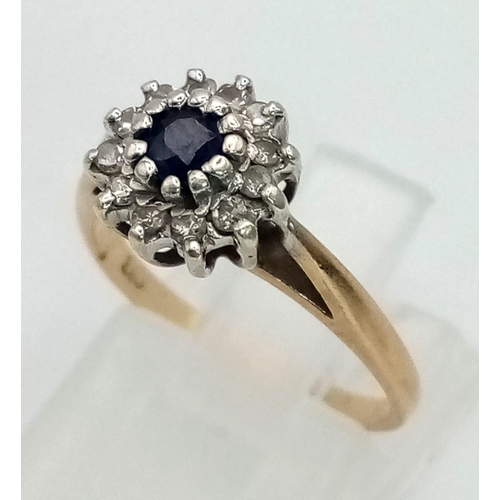 355 - 9K YELLOW GOLD DIAMOND & SAPPHIRE CLUSTER RING 2.1G SIZE J