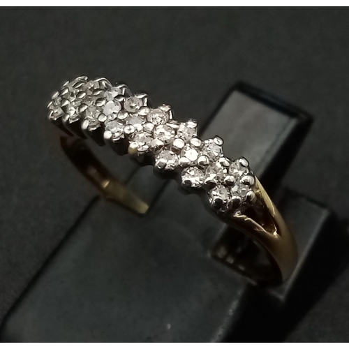 513 - 9K YELLOWGOLD DIMAOND 3 ROW BAND RING 0.15CT 1.4G SIZE J 1/2