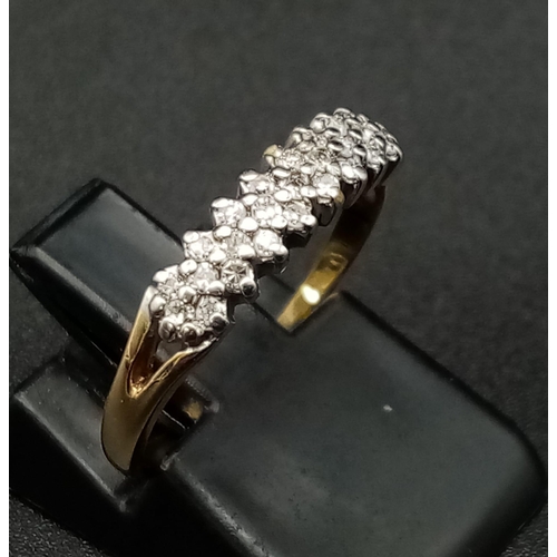 513 - 9K YELLOWGOLD DIMAOND 3 ROW BAND RING 0.15CT 1.4G SIZE J 1/2