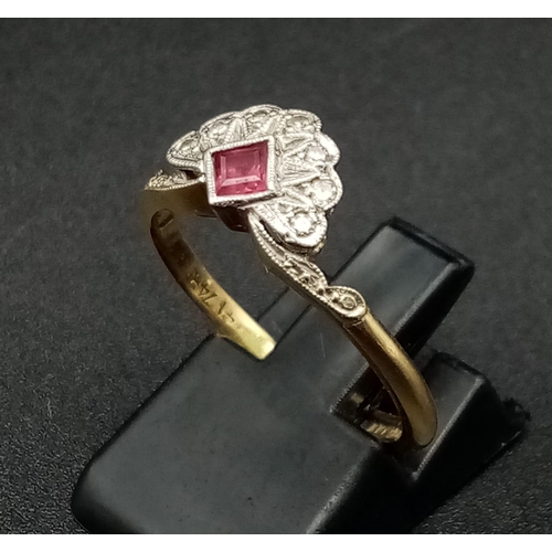 115 - 18K VINTAGE YELLOW GOLD & PLATINUM, DIAMOND & RUBY FAN RING. TOAL WEIGHT 2.9G SIZE P