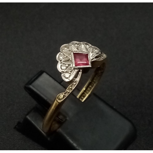 115 - 18K VINTAGE YELLOW GOLD & PLATINUM, DIAMOND & RUBY FAN RING. TOAL WEIGHT 2.9G SIZE P