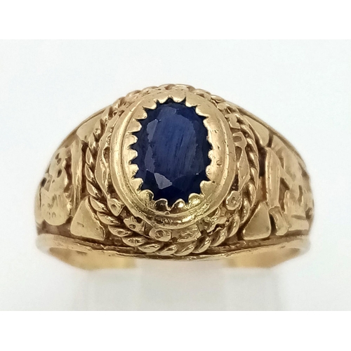 201 - 9K YELLOW GOLD OXFORD UNIVERSITY RING SET WITH BLUE STONE 4.3G SIZE N