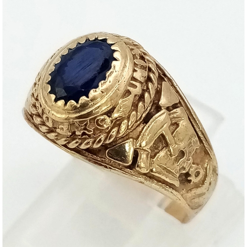 201 - 9K YELLOW GOLD OXFORD UNIVERSITY RING SET WITH BLUE STONE 4.3G SIZE N