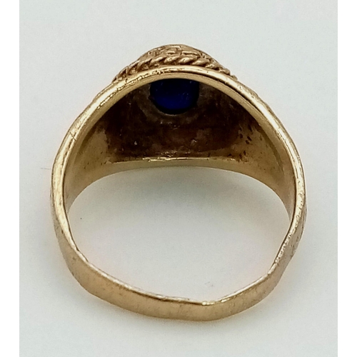 201 - 9K YELLOW GOLD OXFORD UNIVERSITY RING SET WITH BLUE STONE 4.3G SIZE N