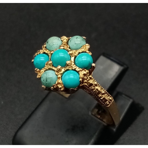 322 - 9K YELLOW GOLD TURQUISE CLUSTER RING 2G SIZE L 1/2