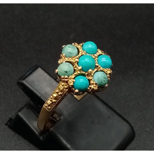 322 - 9K YELLOW GOLD TURQUISE CLUSTER RING 2G SIZE L 1/2