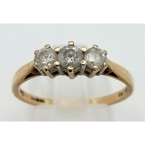 638 - 9K YELLOW GOLD DIAMOND 3 STONE RING 0.50CT 2G SIZE R