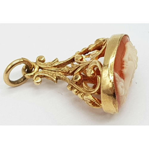 640 - A Mid-Karat Gold Antique Fob with Cameo Decoration. Pendant. 3cm. 6.26g total weight