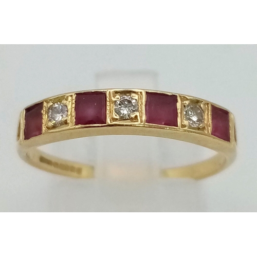 767 - 18K YELLOW GOLD DIAMOND & RUBY CHANNEL SET 1/2 ET RING 2.6G SIZE Q