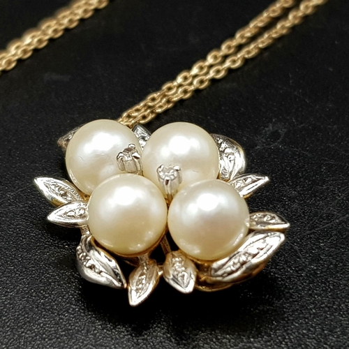 821 - An 18K Gold, Diamond and Pearl Pendant on an 18K Gold Necklace. 25mm and 46cm. 3.95g total weight