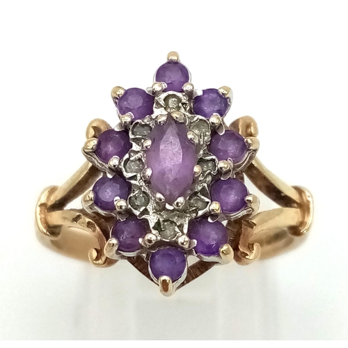 827 - 9K YELLOW GOLD DIAMOND & AMETHYST SET CLUSTER RING 3.5G SIZE P