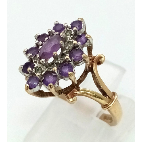 827 - 9K YELLOW GOLD DIAMOND & AMETHYST SET CLUSTER RING 3.5G SIZE P