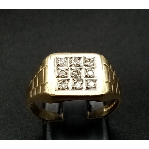 837 - A 9K Yellow Gold Diamond Signet Ring. Size R. 3.84g total weight.