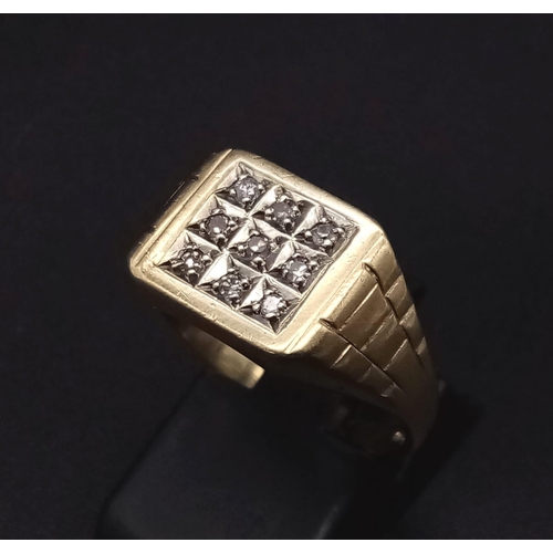 837 - A 9K Yellow Gold Diamond Signet Ring. Size R. 3.84g total weight.