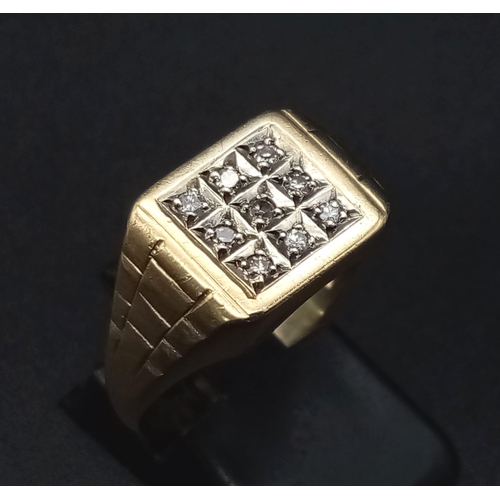 837 - A 9K Yellow Gold Diamond Signet Ring. Size R. 3.84g total weight.