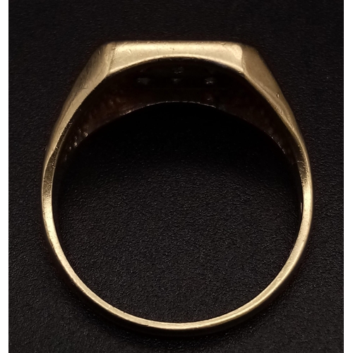 837 - A 9K Yellow Gold Diamond Signet Ring. Size R. 3.84g total weight.