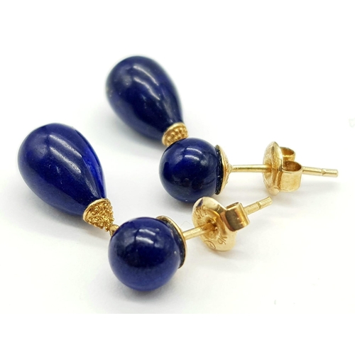 386 - 9K YELLOW GOLD LAPIS LAZULI DROP EARRINGS 3G