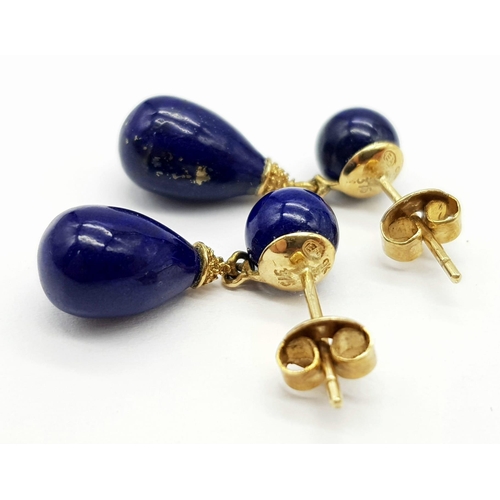 386 - 9K YELLOW GOLD LAPIS LAZULI DROP EARRINGS 3G