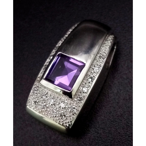 813 - 9K WHITE GOLD DIAMOND & AMETHYST SET DROP PENDANT 3.4G