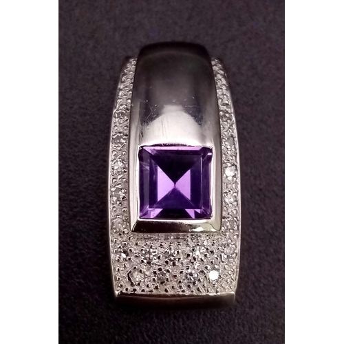 813 - 9K WHITE GOLD DIAMOND & AMETHYST SET DROP PENDANT 3.4G