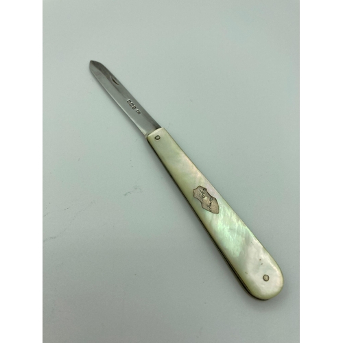 392 - Antique SILVER BLADED FRUIT KNIFE With mother of pearl handle and clear hallmark for William Needham... 