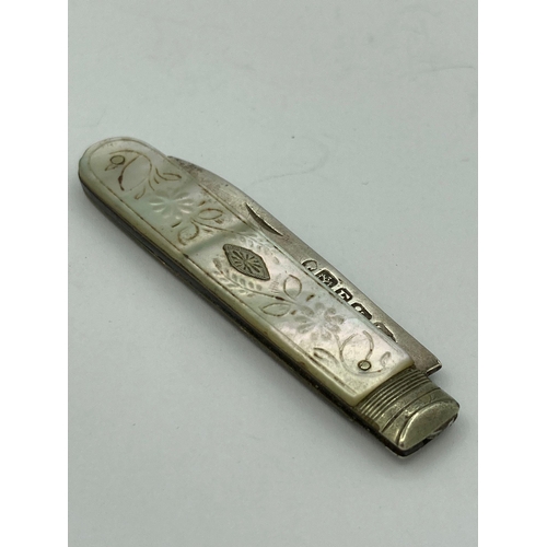 707 - Antique SILVER BLADED FRUIT KNIFE having mother of pearl handle with engraved pattern. Clear hallmar... 