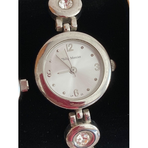 735 - 3 x Ladies quartz wristwatches with Jewelled detail, To include a Philip MERCIER with stone set  bra... 