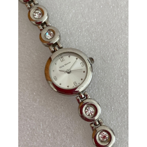 735 - 3 x Ladies quartz wristwatches with Jewelled detail, To include a Philip MERCIER with stone set  bra... 